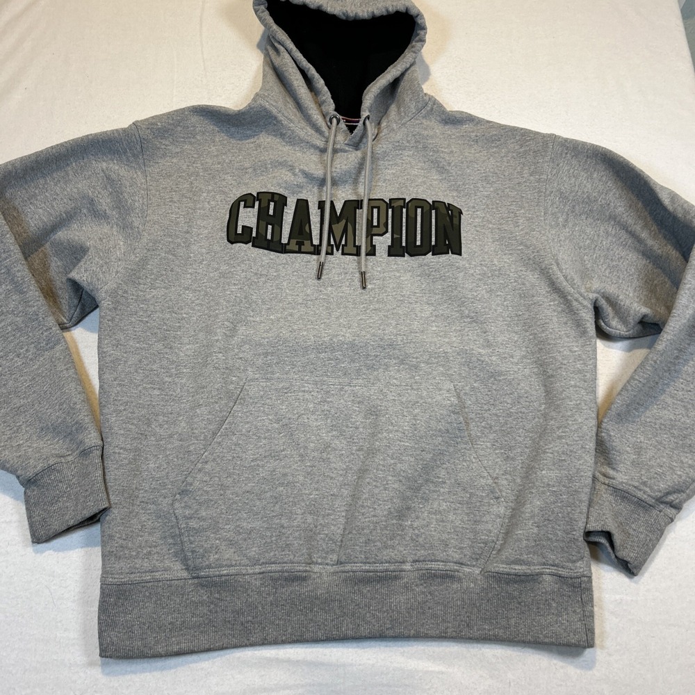 Champion Hoodie Mens Large Gray Camo Logo Pullover Sweatshirt Long Sleeve L